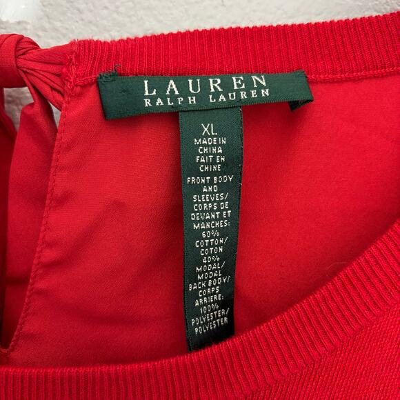 Lauren Ralph Lauren Red Cotton Blouse XL Back Bow Detail Classic Fit Top - Picture 4 of 7
